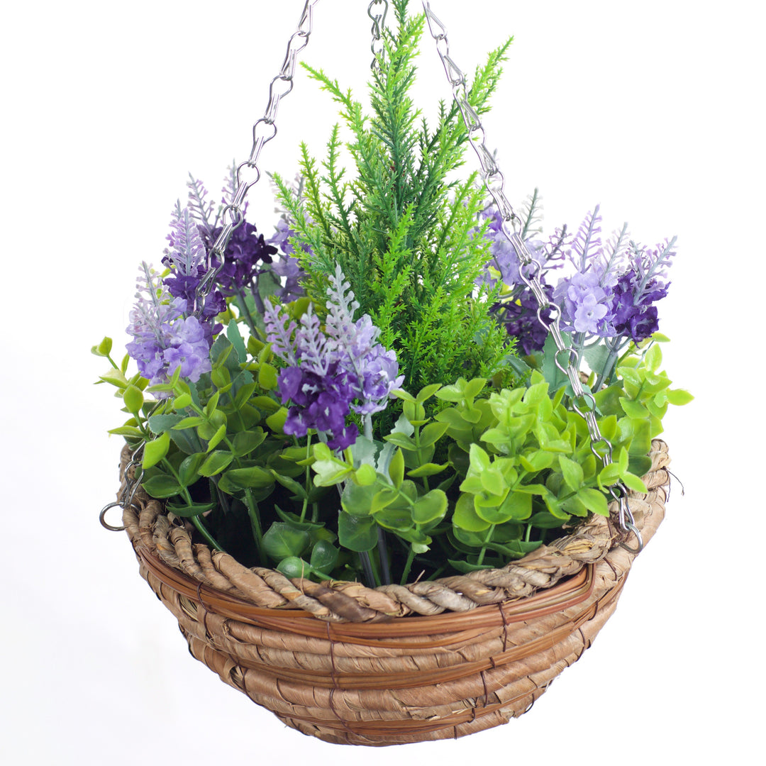 Best Artificial Two Tone Purple Lavender Display in 10 inch Round Woven Decorative Basket