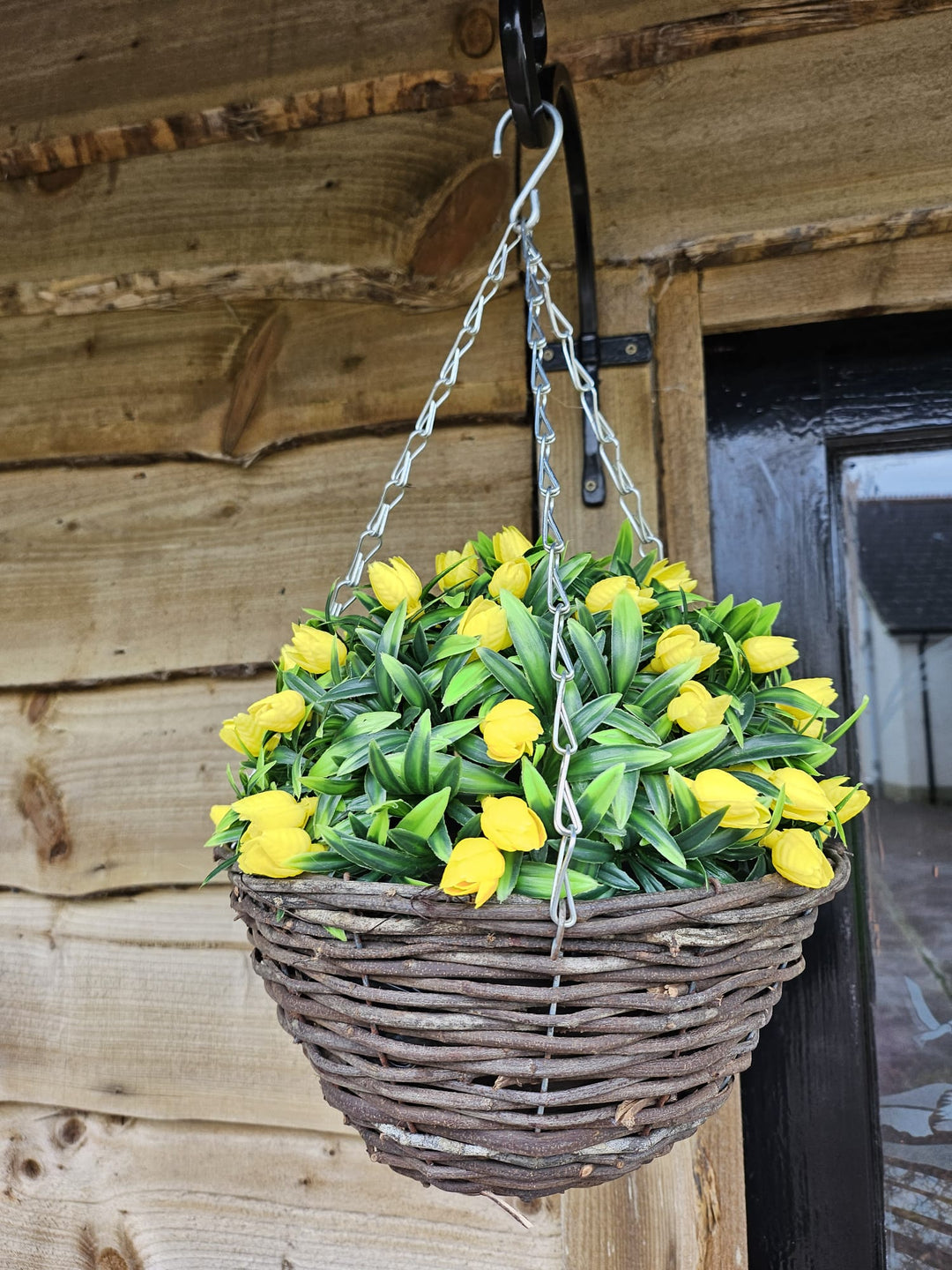 Best Artificial 28cm Tulip Flower Display in 10" Wicker Rattan Basket - Suitable for Outdoor, Indoor and Garden (Yellow)