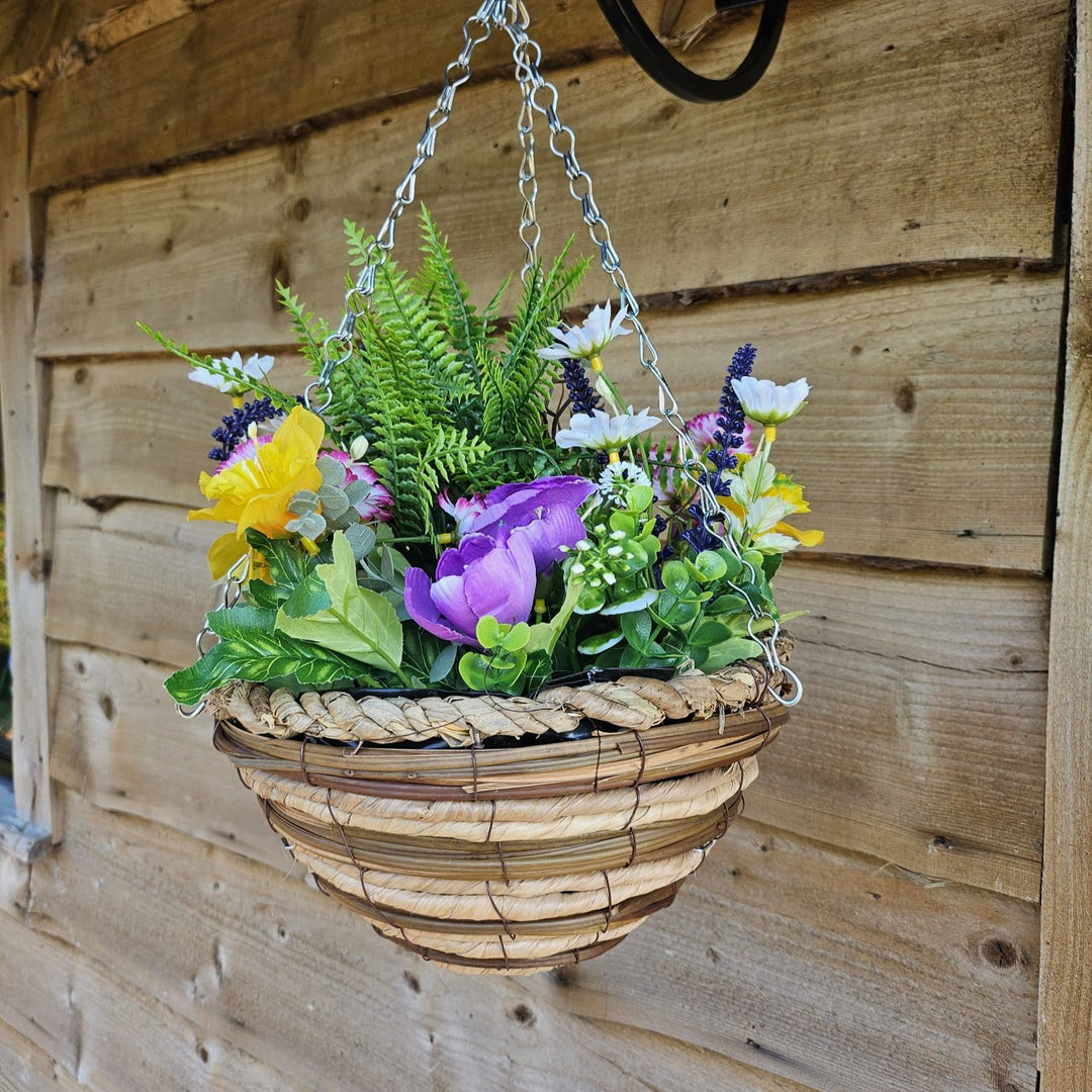 Best Artificial Yellow Mixed Meadow Flower Display in 10 Inch Woven Decorative Hanging Basket (Fern Centre)