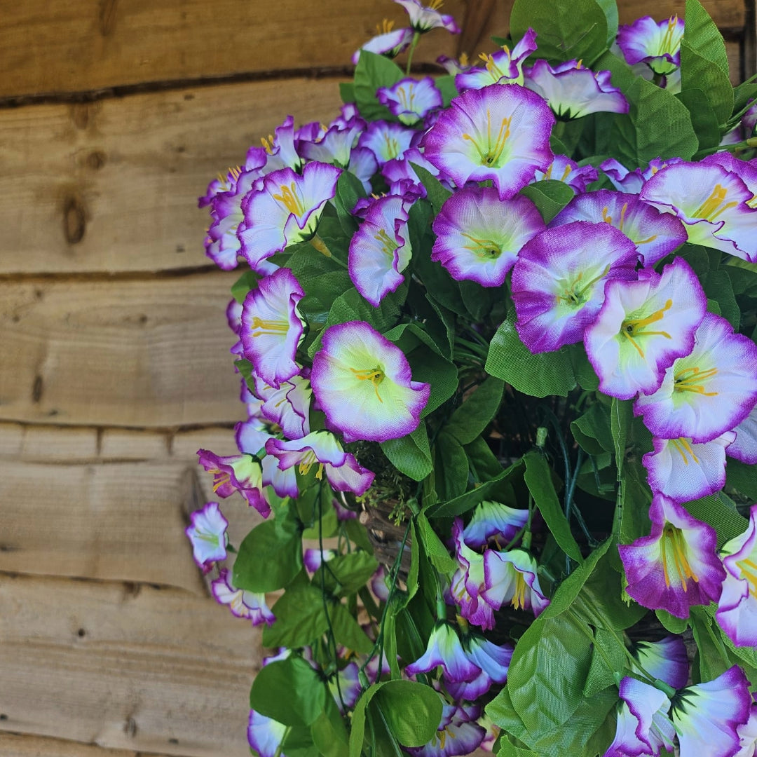 Best Artificial 60cm Morning Glory Flower Display in 10" Round Wicker Rattan Basket - Suitable for Outdoor, Indoor and Garden (Lilac & White)