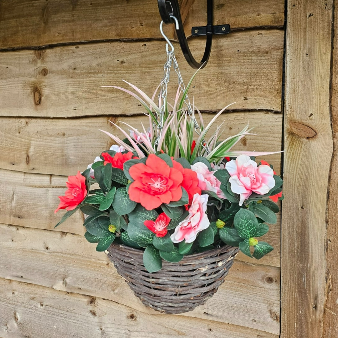 Best Artificial 28cm Azalea Flower Display in 10" Wicker Rattan Basket - Suitable for Outdoor, Indoor and Garden (Red & Pink)