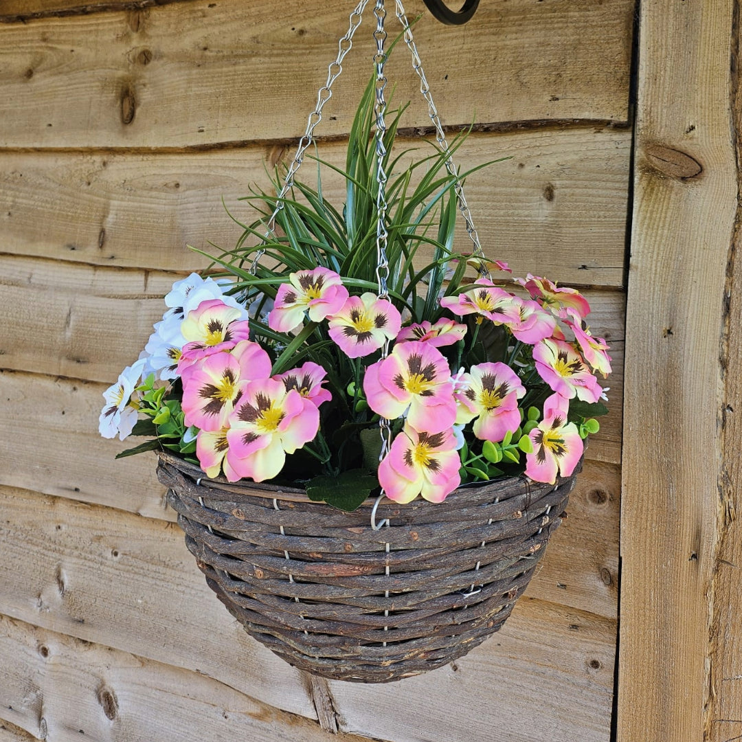 Best Artificial Pink & White Pansy and Geranium Display in 14 inch Round Wicker Hanging Basket - Suitable For Outdoors