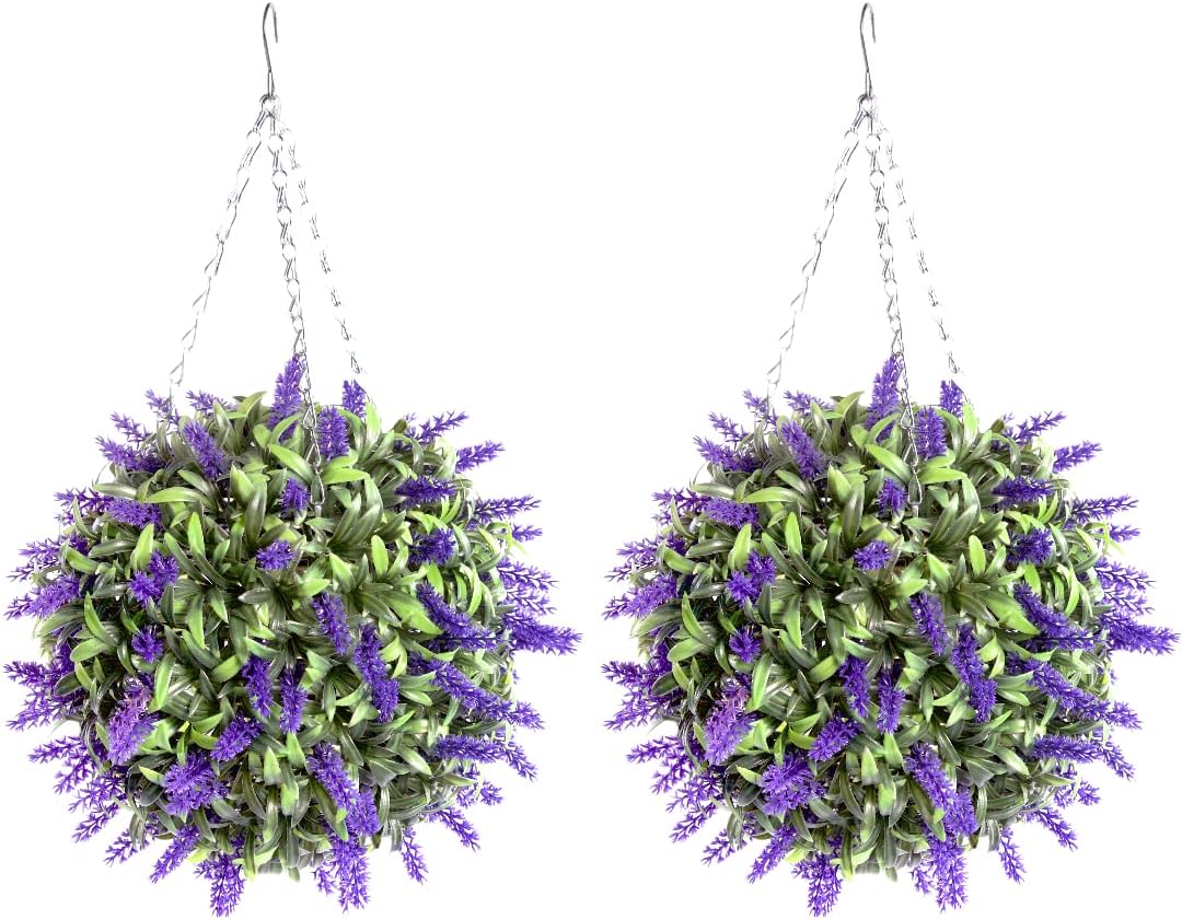 Pair Of Best Artificial 28cm Lavender Topiary Balls - Suitable for Outdoor Use - Weather Resistant - UV Fade Resistant (Purple)