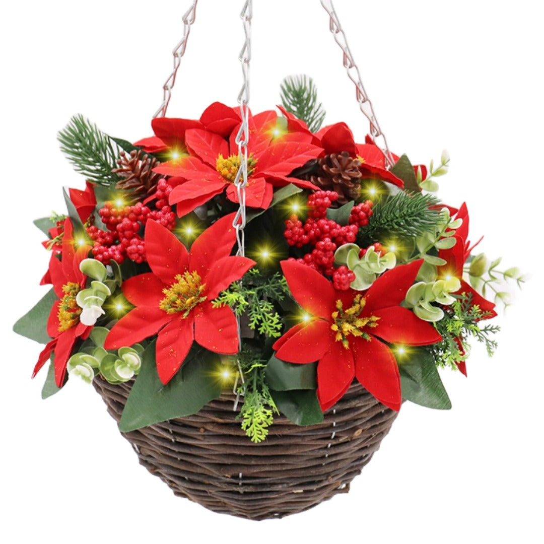 Best Artificial 10 inch Pre Lit Poinsettia Round Hanging Christmas Basket