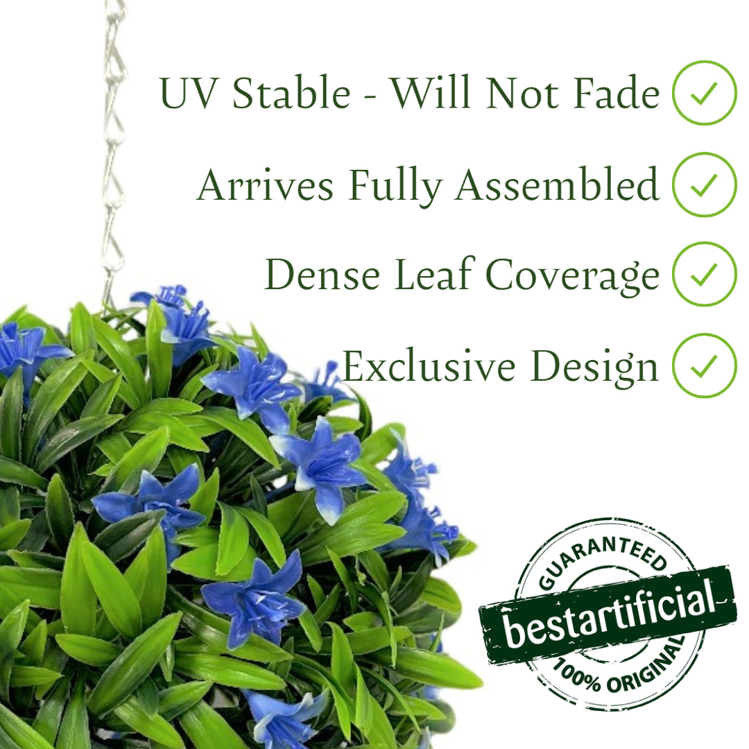 Best Artificial Blue Lily Hanging Basket Flower Topiary Ball - Suitable for Outdoor Use - Weather & Fade Resistant