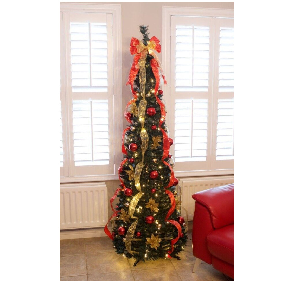 New Years Decorations Pop Up Tree with Lights - Prelit Christmas Tree with Vibrant Christmas Tinsel | Slim Christmas Tree or Pencil Christmas Tree