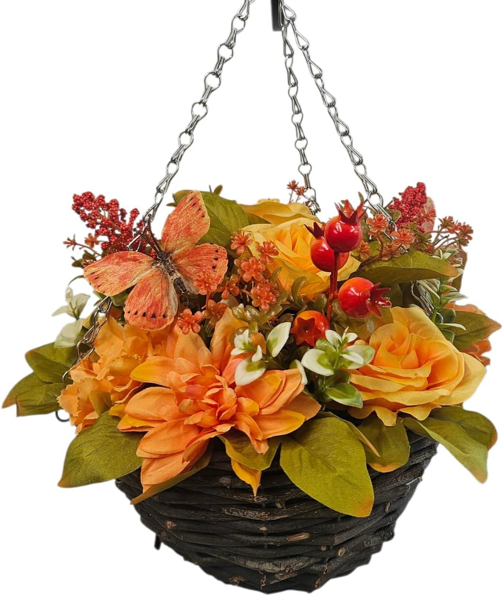 Best Artificial 30cm Pre-Lit Autumn mixed Flower Hanging Basket with Roses, Foliage, Berries and 20 Warm White LED's - detail view