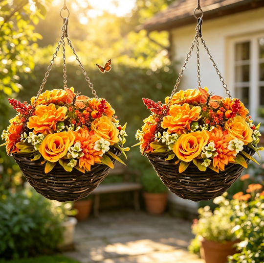 Pair of Best Artificial 14 Inch Autumn Flower Hanging Basket with Butterfly Detail, Wicker Arrangement with Hanging Chain for Porch, Patio, Balcony & Seasonal Décor