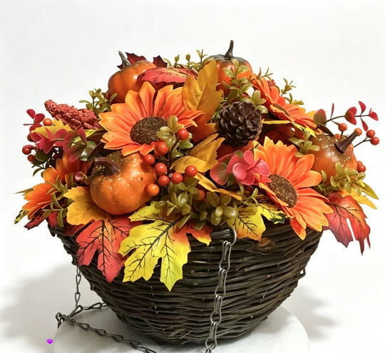 Pair Of Best Artificial 14 Inch / 35cm Autumn Flower Hanging Basket with Pumpkins and Acorns