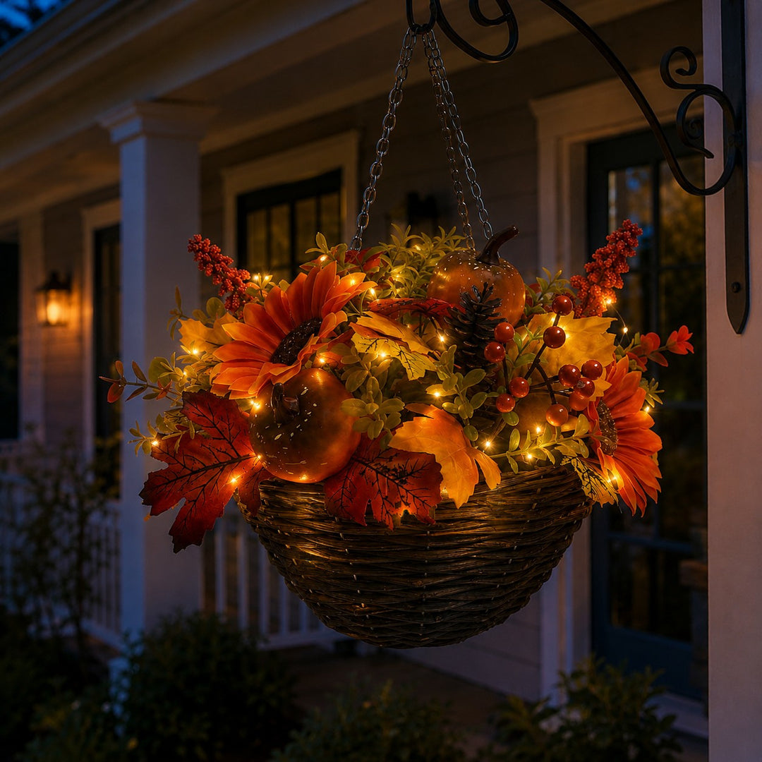 Best Artificial Pre-Lit 14 Inch / 35cm Autumn Halloween Flower Hanging Basket with Pumpkins and Acorns with Warm White LED's