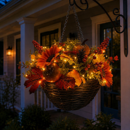 Best Artificial Pre-Lit 14 Inch / 35cm Autumn Halloween Flower Hanging Basket with Pumpkins and Acorns with Warm White LED's