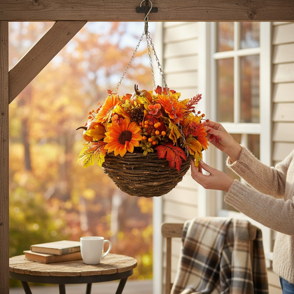 Best Artificial 14 Inch Autumn Halloween Hanging Basket Fall Harvest
