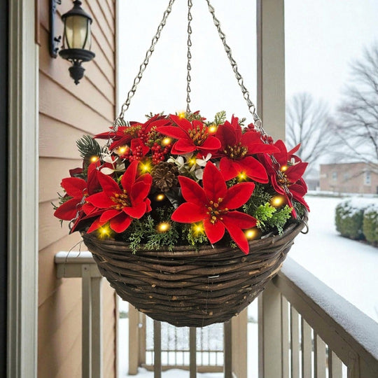 Best Artificial 14 inch Pre Lit Poinsettia flower Round Hanging Christmas Basket