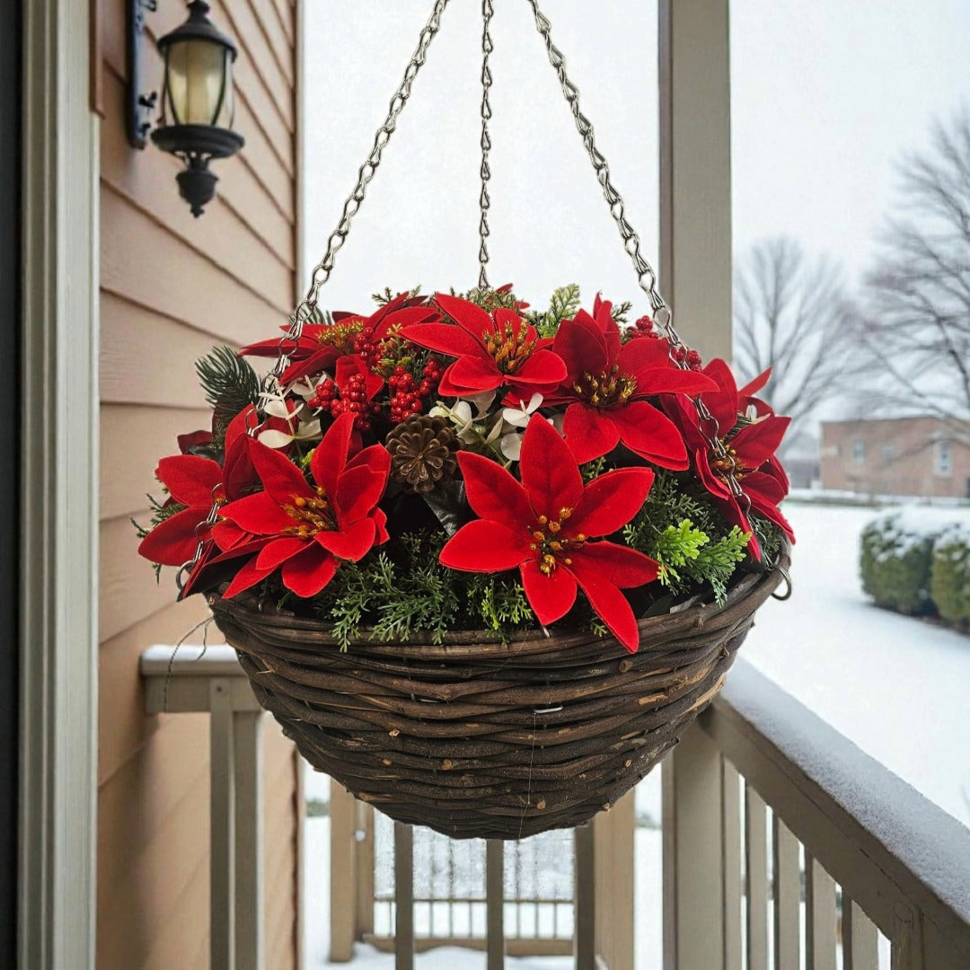 hanging poinsettia plants Best Artificial 14 inch Christmas Poinsettia Round Hanging Basket