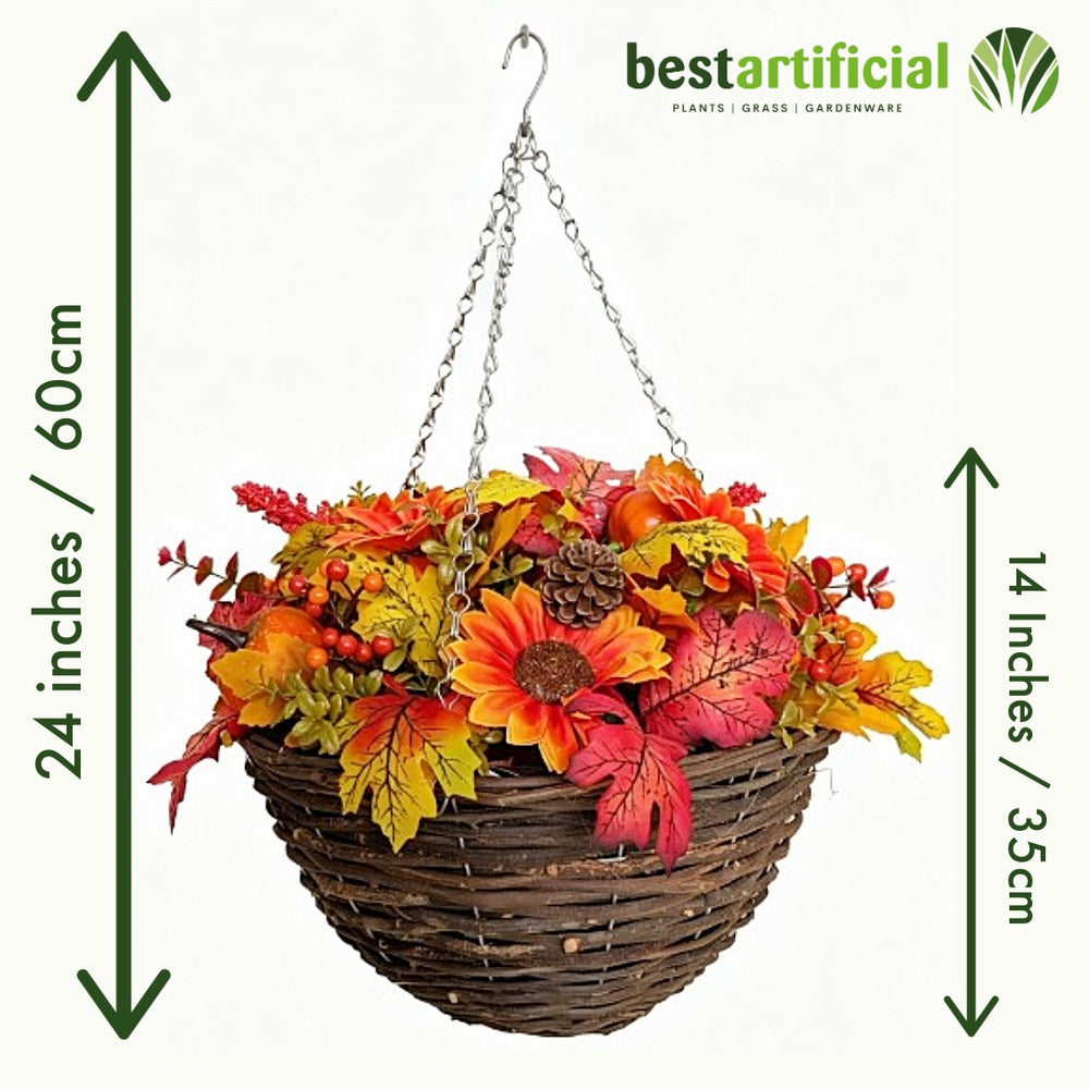 Pair Of Best Artificial 14 Inch / 35cm Autumn Flower Hanging Basket with Pumpkins and Acorns