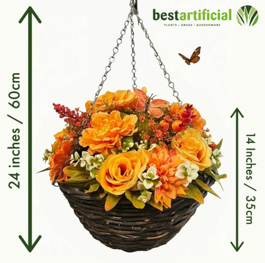 Pair of Best Artificial 14 Inch Autumn Flower Hanging Basket with Butterfly Detail, Wicker Arrangement with Hanging Chain for Porch, Patio, Balcony & Seasonal Décor