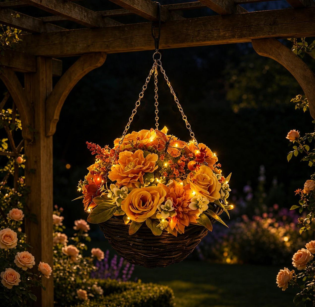 Best Artificial 14 Inch Pre-Lit Autumn mixed Flower Hanging Basket with Roses, Foliage, Berries and 20 Warm White LED's