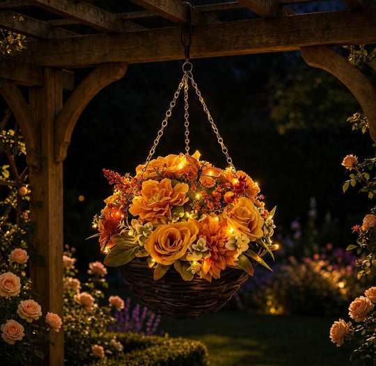 Best Artificial 14 Inch Pre-Lit Autumn mixed Flower Hanging Basket with Roses, Foliage, Berries and 20 Warm White LED's