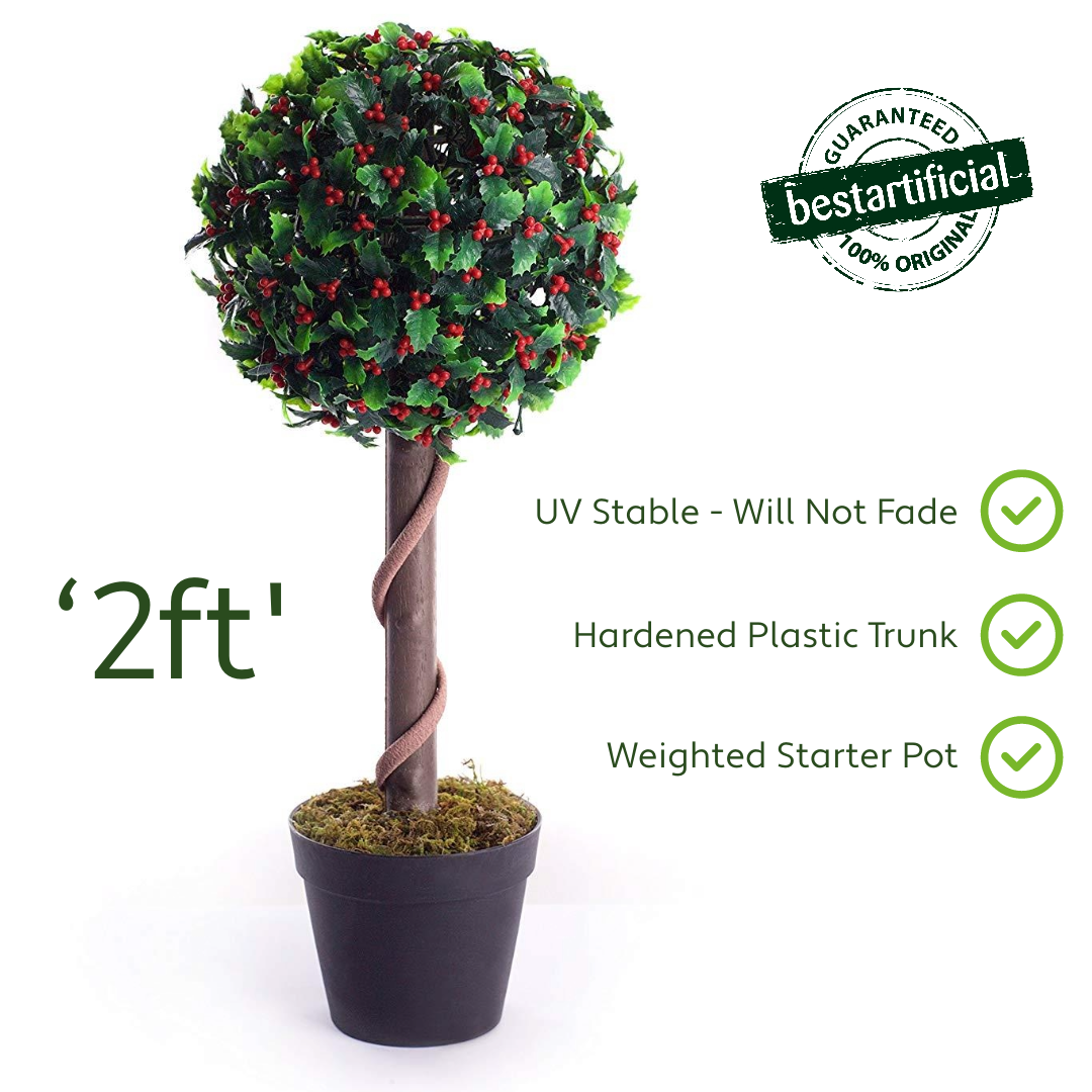 Best Artificial 2ft - 60cm Holly Ball Topiary Tree - Optional Lights