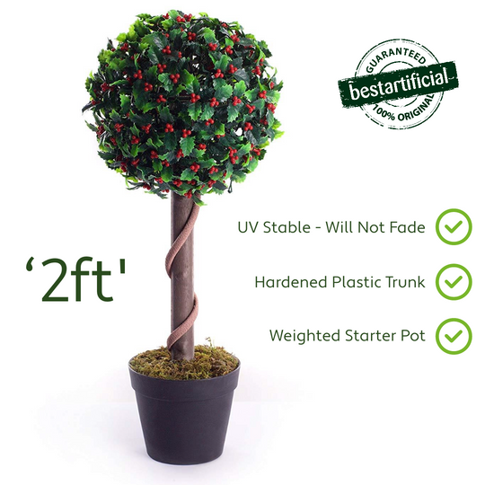 Best Artificial 2ft - 60cm Holly Ball Topiary Tree - Optional Lights