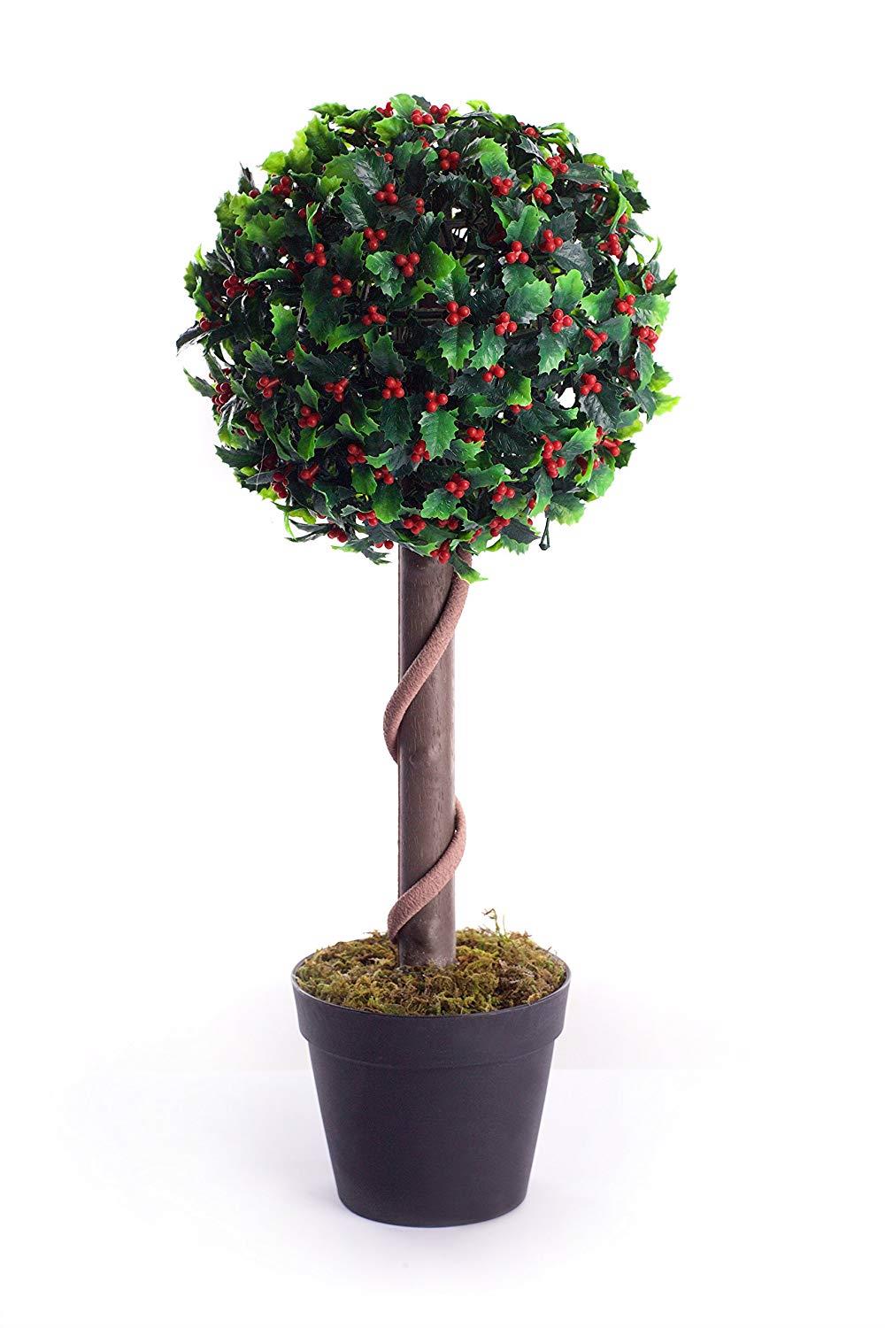 Best Artificial 2ft - 60cm Holly Ball Topiary Tree - Optional Lights