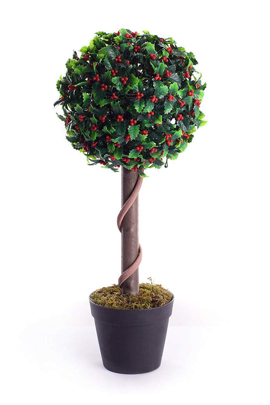Best Artificial 2ft - 60cm Holly Ball Topiary Tree - Optional Lights