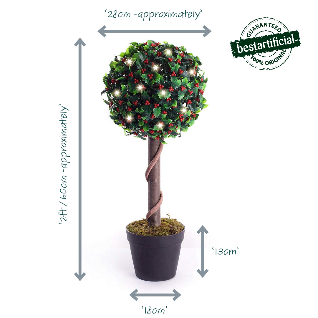 Best Artificial 2ft - 60cm Holly Ball Topiary Tree - Optional Lights