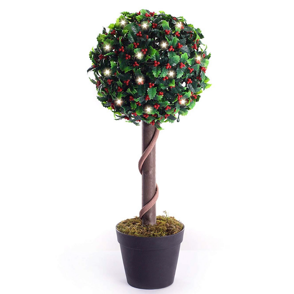 Best Artificial 2ft - 60cm Holly Ball Topiary Tree - Optional Lights - front view