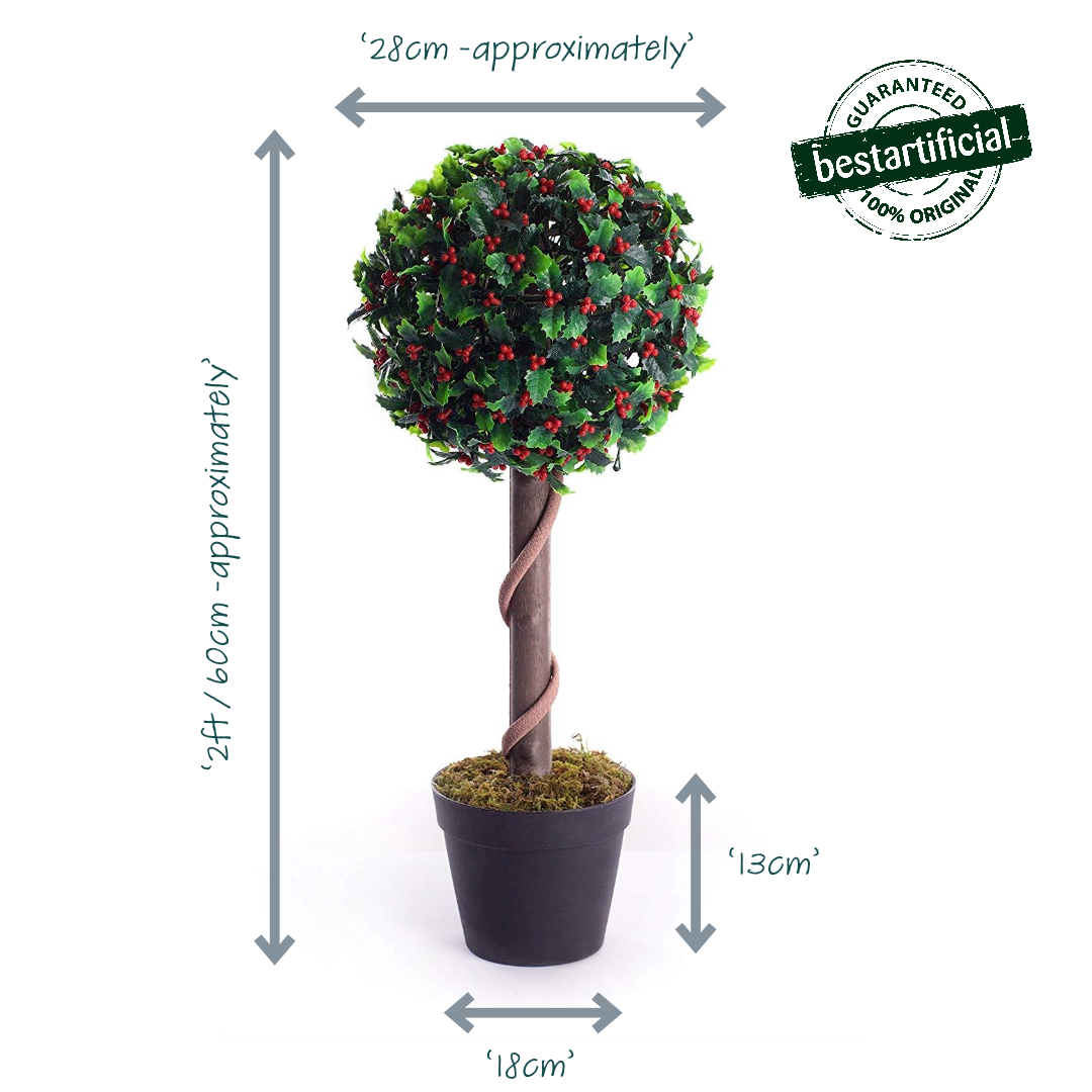 Best Artificial 2ft - 60cm Holly Ball Topiary Tree - Optional Lights