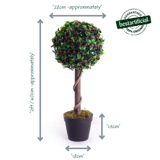 Best Artificial 2ft - 60cm Holly Ball Topiary Tree - Optional Lights