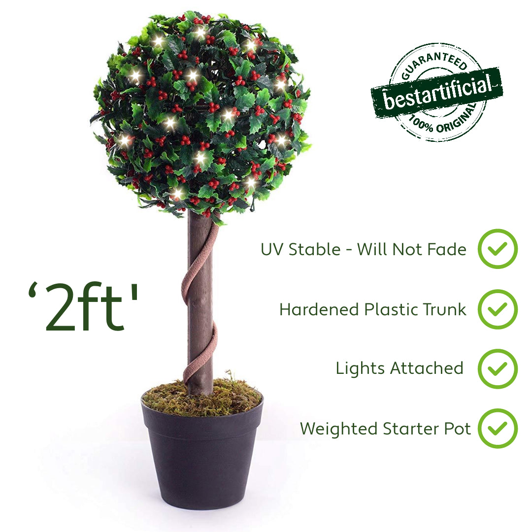 Best Artificial 2ft - 60cm Holly Ball Topiary Tree - Optional Lights