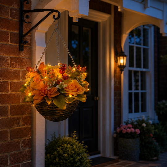 Best Artificial 10 Inch Pre-Lit Autumn mixed Flower Hanging Basket with Roses, Foliage, Berries and 20 Warm White LED's