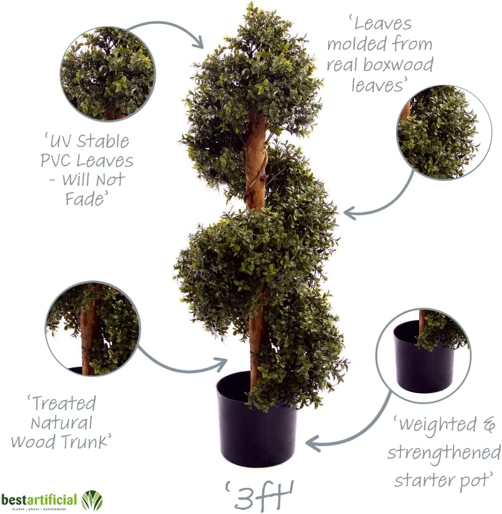Natural Look 3ft Boxwood Topiary Spiral Tree UV Fade Protected