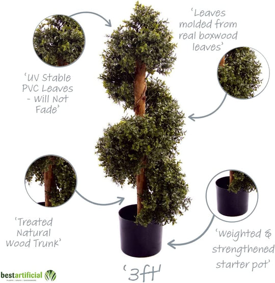 Natural Look 3ft Boxwood Topiary Spiral Tree UV Fade Protected