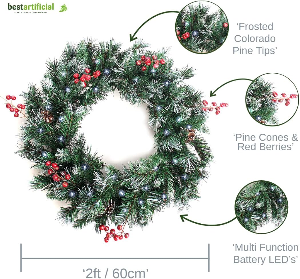 Best Artificial Deluxe Frosted Christmas Wreath with Pine Cones & Winter Red Berries with lights