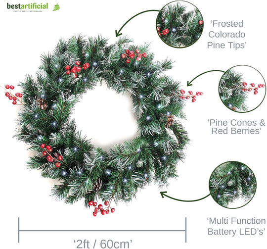Best Artificial Deluxe Frosted Christmas Wreath with Pine Cones & Winter Red Berries with lights