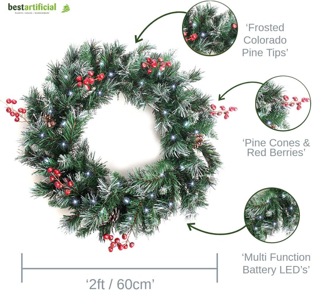 Best Artificial Pre-Lit Deluxe Frosted Christmas Wreath with Pine Cones & Winter Red Berries