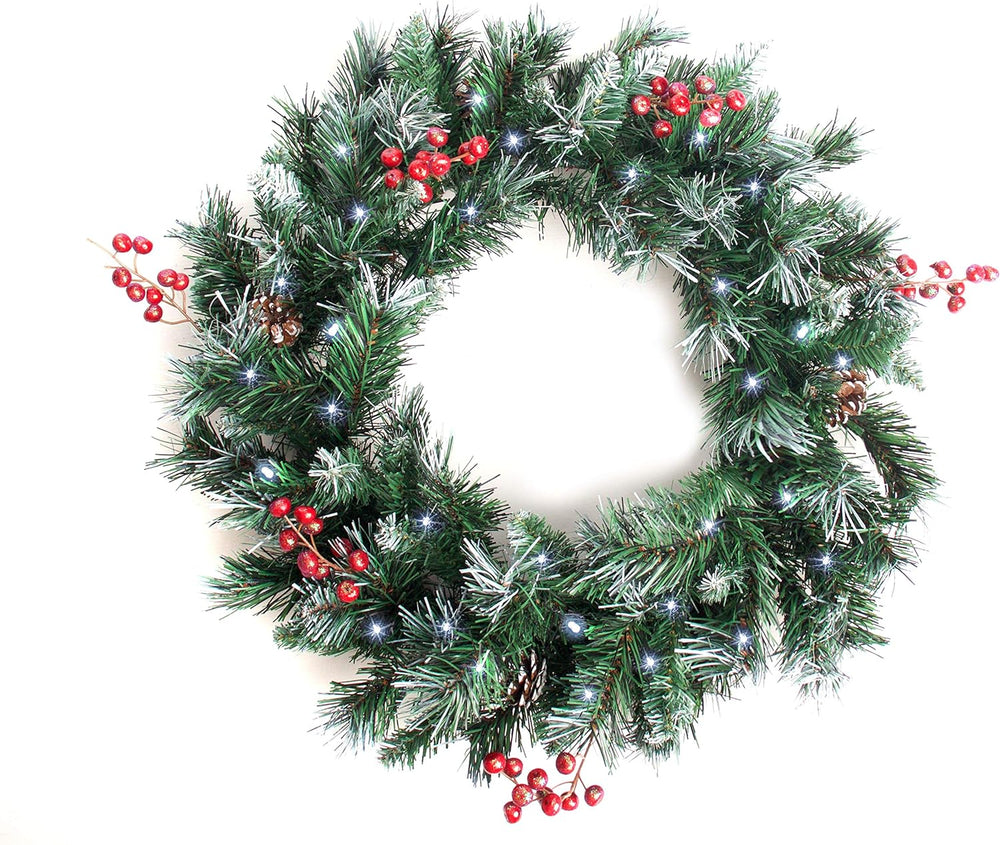 Best Artificial Deluxe Frosted Christmas Wreath with Pine Cones & Winter Red Berries with lights - lifestyle display
