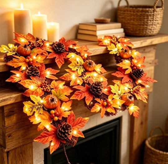 Best Artificial 6ft Autumn Garland with 50 Warm White LED's Vibrant Maple Leaves, Pumpkins & Acorns for Seasonal Décor