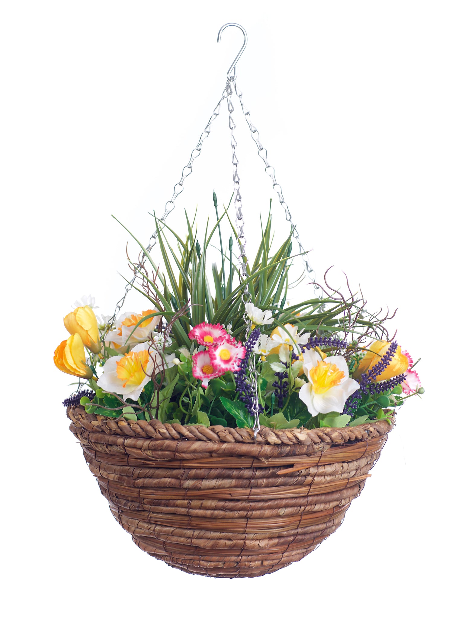 Best Artificial Mixed Daffodil, Daisy and Tulip Flower Display in 14 inch Hanging Basket (Suitable for Outdoor, Indoor Use)