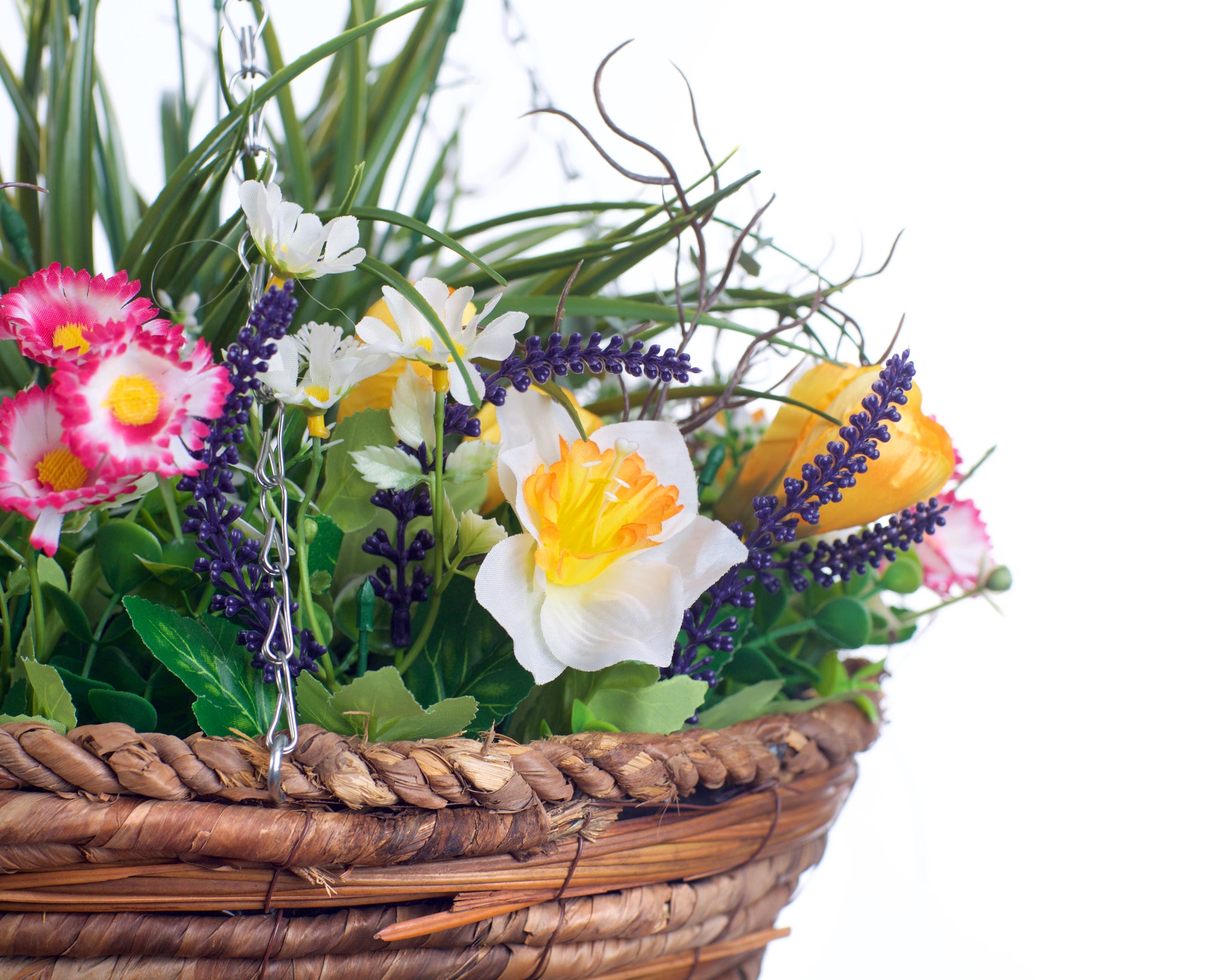 Best Artificial Mixed Daffodil, Daisy and Tulip Flower Display in 14 inch Hanging Basket (Suitable for Outdoor, Indoor Use)
