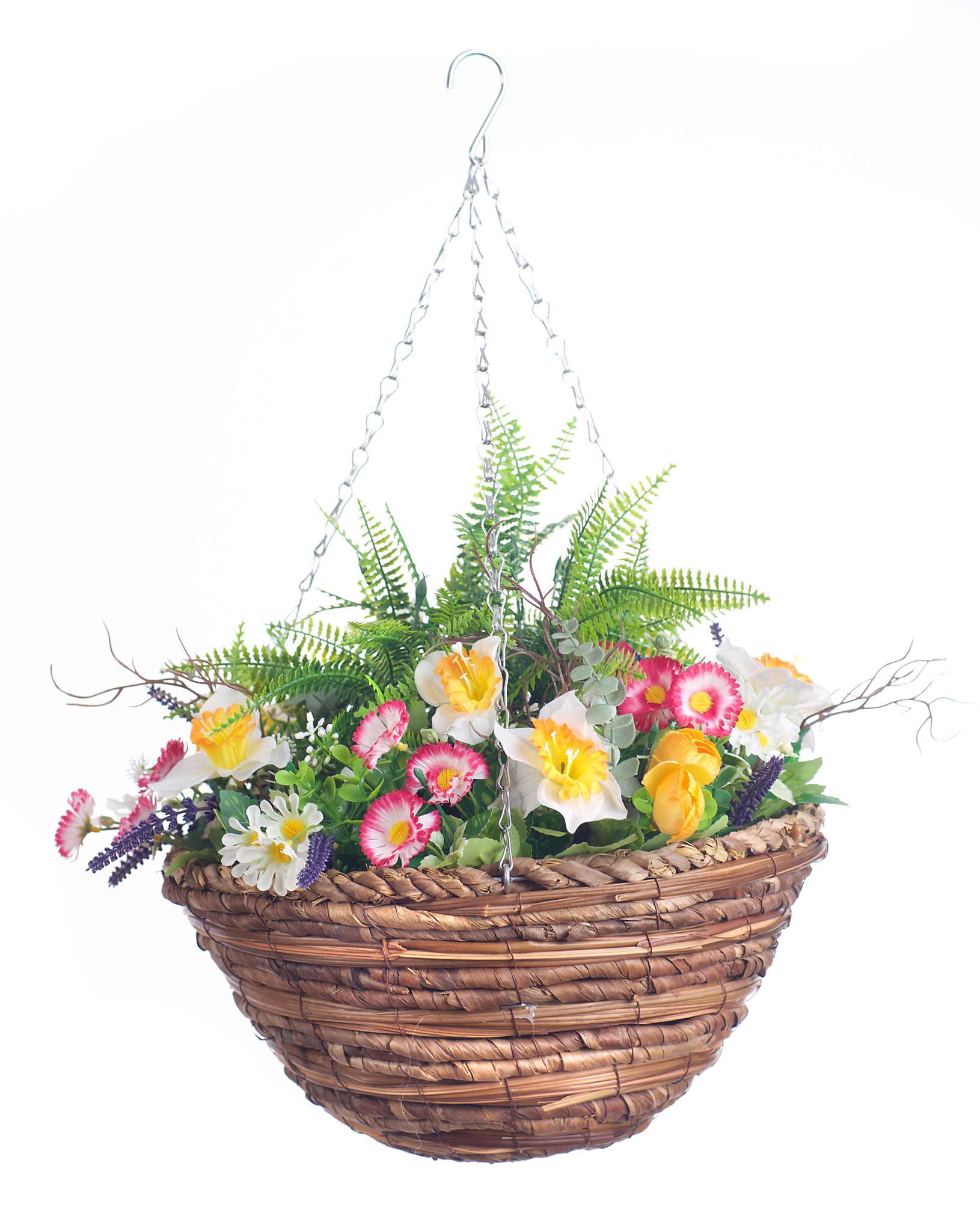 Best Artificial Mixed Daffodil, Daisy and Tulip Flower Display in 14 inch Hanging Basket (Suitable for Outdoor, Indoor Use)