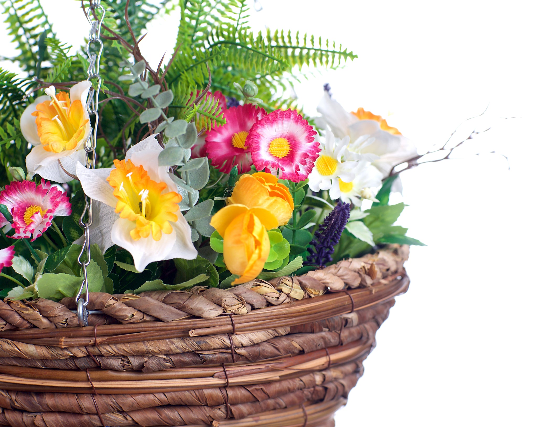 Best Artificial Mixed Daffodil, Daisy and Tulip Flower Display in 14 inch Hanging Basket (Suitable for Outdoor, Indoor Use)