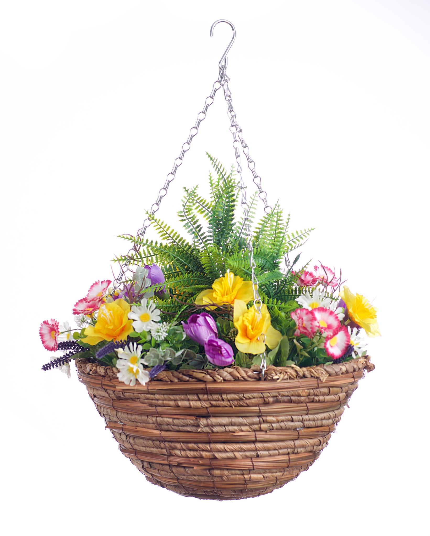Best Artificial Mixed Daffodil, Daisy and Tulip Flower Display in 14 inch Hanging Basket (Suitable for Outdoor, Indoor Use)