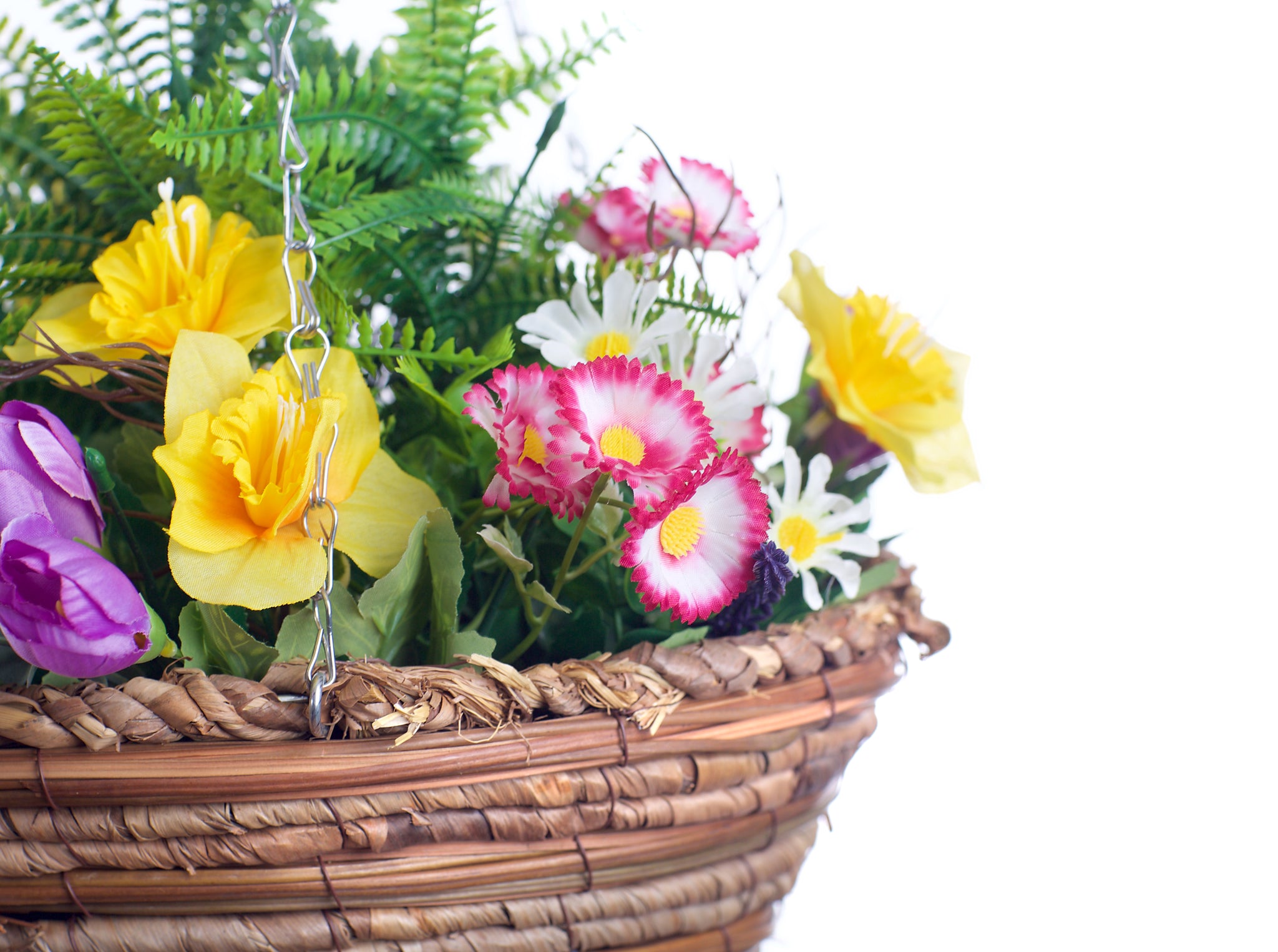 Best Artificial Mixed Daffodil, Daisy and Tulip Flower Display in 14 inch Hanging Basket (Suitable for Outdoor, Indoor Use)