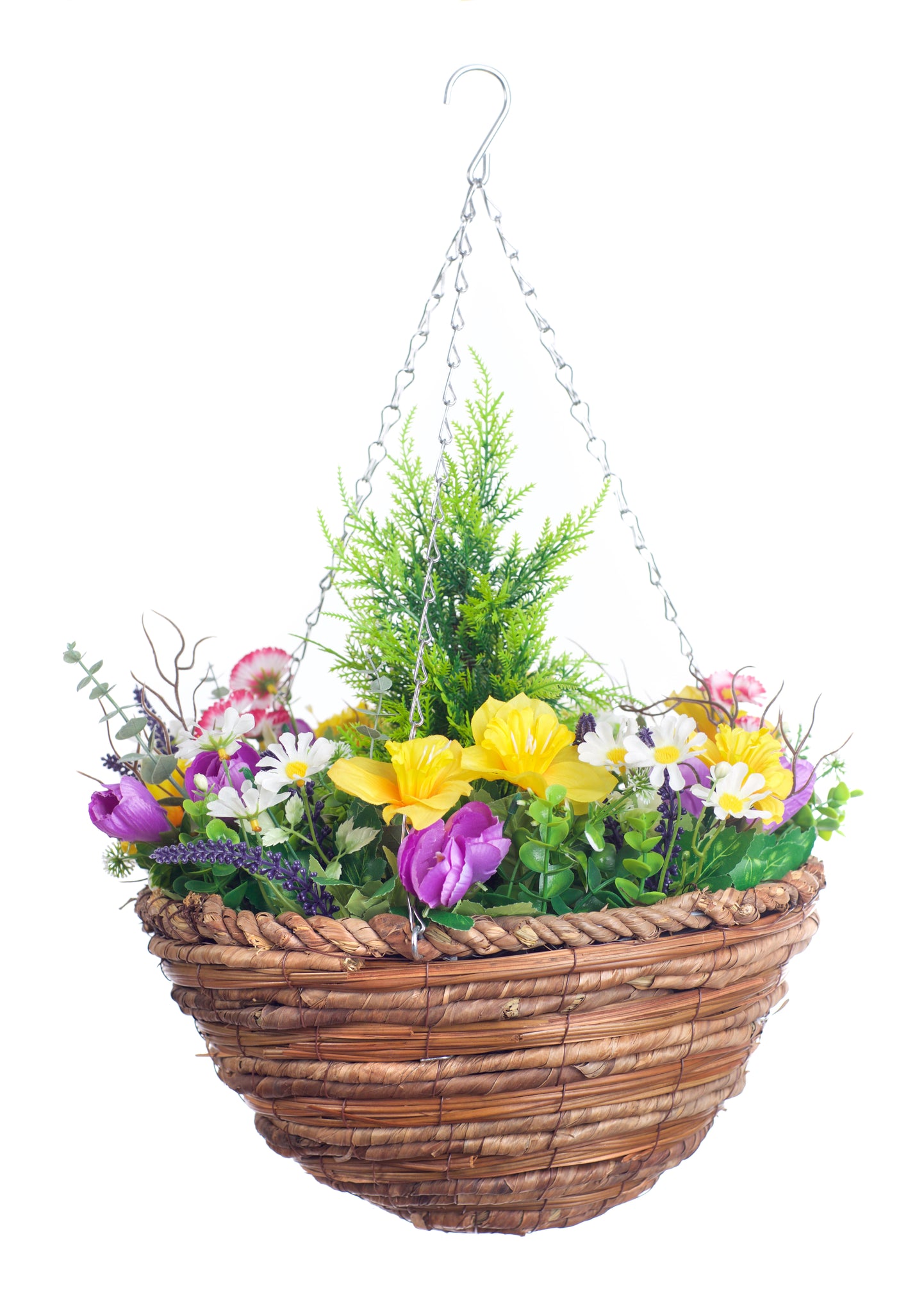 Best Artificial Mixed Daffodil, Daisy and Tulip Flower Display in 14 inch Hanging Basket (Suitable for Outdoor, Indoor Use)