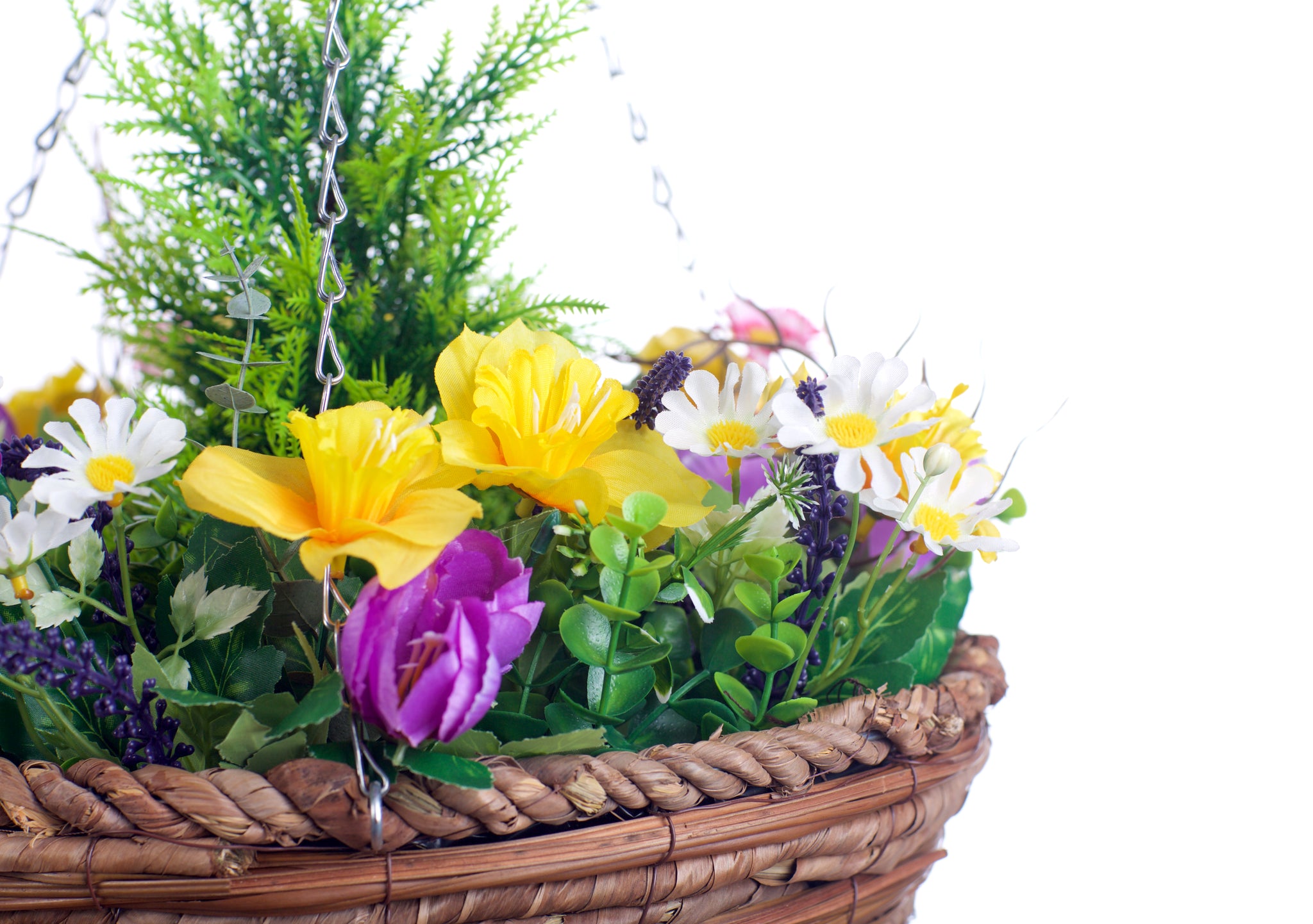 Best Artificial Mixed Daffodil, Daisy and Tulip Flower Display in 14 inch Hanging Basket (Suitable for Outdoor, Indoor Use)