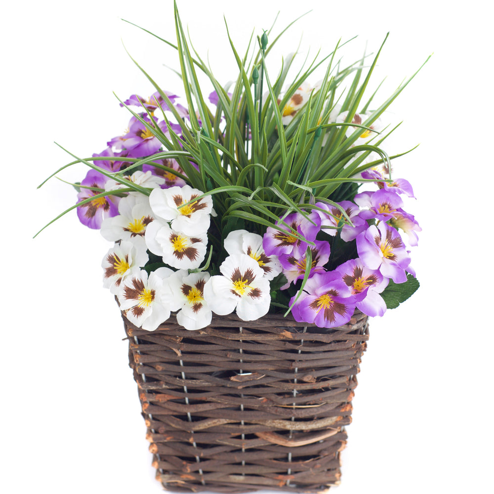 Pansy Display in 44cm Square Wicker Planter Pot - Suitable For Indoor, Outdoor Use - front view