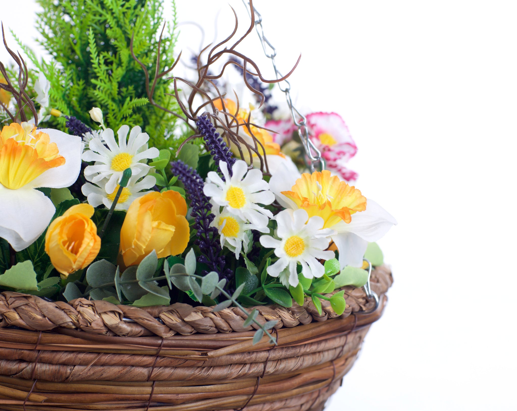 Best Artificial Mixed Daffodil, Daisy and Tulip Flower Display in 14 inch Hanging Basket (Suitable for Outdoor, Indoor Use)