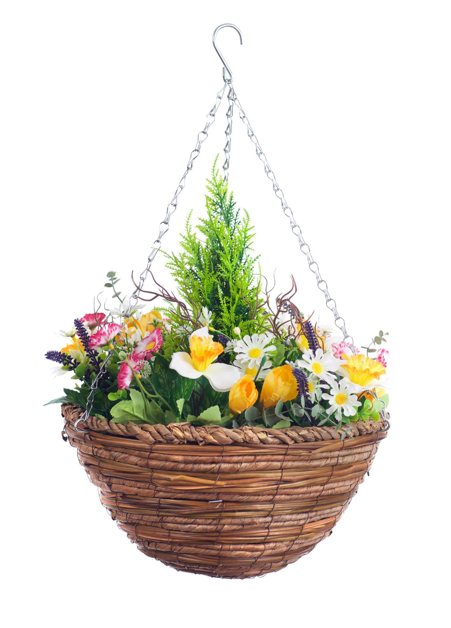 Best Artificial Mixed Daffodil, Daisy and Tulip Flower Display in 14 inch Hanging Basket (Suitable for Outdoor, Indoor Use)